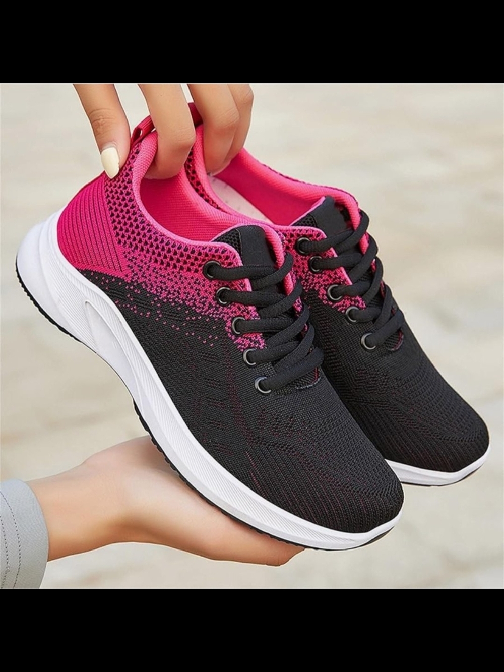 Womens Black Hot Pink Knit Professional Skaterboard Sport Sneakers Size:37/6.5"